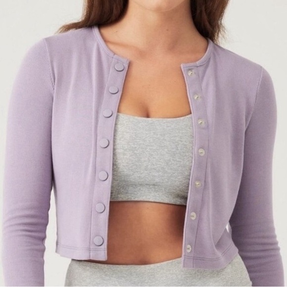 Outdoor Voices earl gray cozy ribbed cropped snap up cardigan size small - Picture 2 of 7